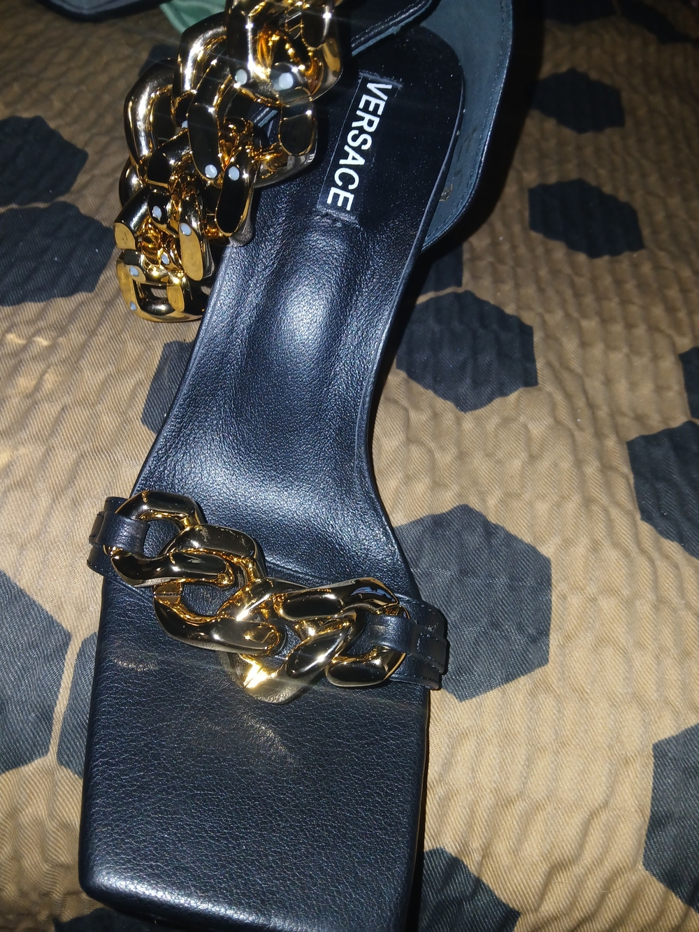 Versace Black Leather Heeled Sandals with Gold Chain Detail
